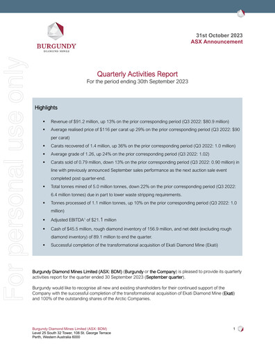 Thumbnail Burgundy Diamond Mines Quarterly Report 2023-q3