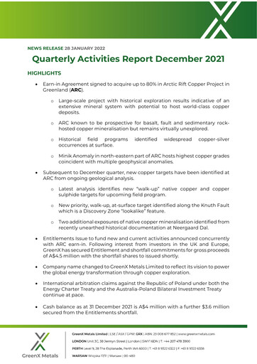 Miniature GreenX Metals Rapport trimestriel 2021-q4
