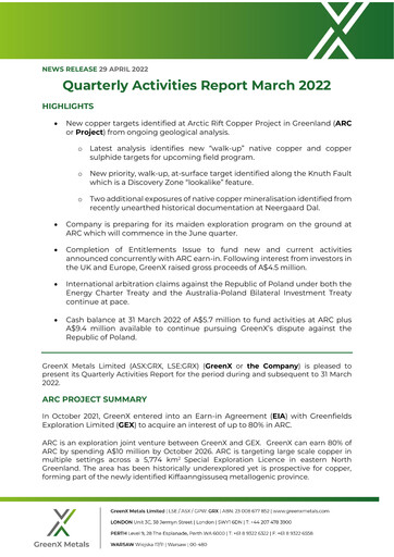 Miniature GreenX Metals Rapport trimestriel 2022-q1