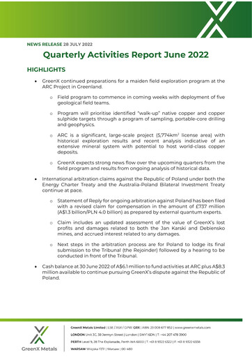 Miniature GreenX Metals Rapport trimestriel 2022-q2
