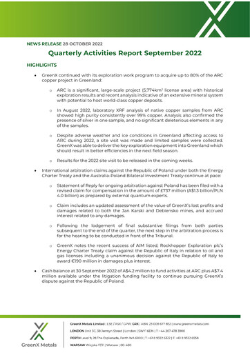 Miniature GreenX Metals Rapport trimestriel 2022-q3