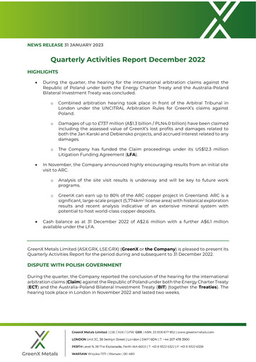 Miniature GreenX Metals Rapport trimestriel 2022-q4