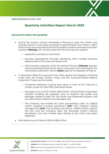 Miniature GreenX Metals Rapport trimestriel 2023-q1