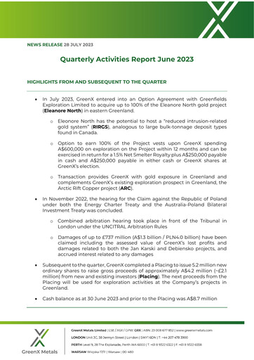 Miniature GreenX Metals Rapport trimestriel 2023-q2