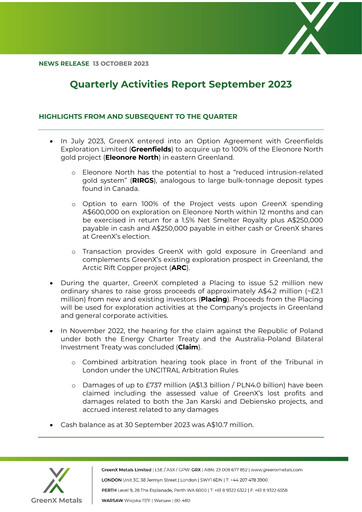 Miniature GreenX Metals Rapport trimestriel 2023-q3