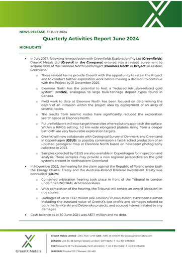 Miniature GreenX Metals Rapport trimestriel 2024-q2