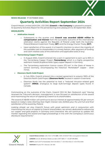 Miniature GreenX Metals Rapport trimestriel 2024-q3