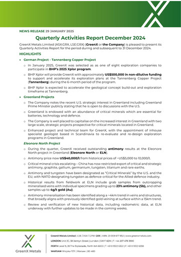 Miniature GreenX Metals Rapport trimestriel 2024-q4