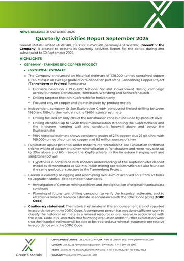 Miniature GreenX Metals Rapport trimestriel 2025-q3