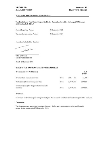 Thumbnail VEEM Ltd Financial Report 2026-h1