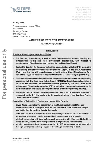 Thumbnail Silver Mines Limited Quarterly Report 2024-2025-q4