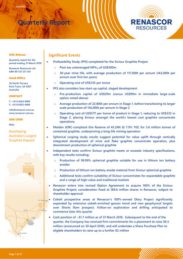 Vorschaubild Renascor Resources Quartalsbericht 2018-q1