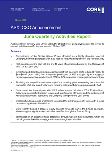 Thumbnail Core Lithium Ltd Quarterly Report 2024-2025-q4