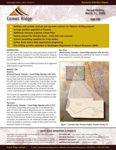 Thumbnail Comet Ridge Quarterly Report 2008-q3