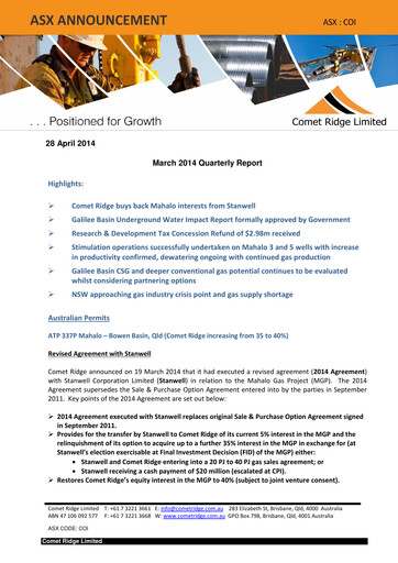 Thumbnail Comet Ridge Quarterly Report 2014-q3