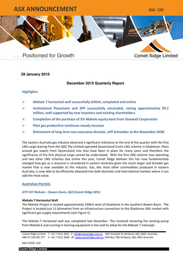 Thumbnail Comet Ridge Quarterly Report 2015-q2