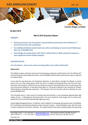 Thumbnail Comet Ridge Quarterly Report 2016-q3