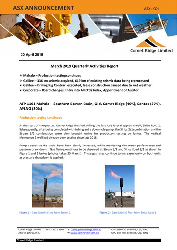 Thumbnail Comet Ridge Quarterly Report 2019-q3