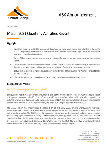 Thumbnail Comet Ridge Quarterly Report 2021-q3