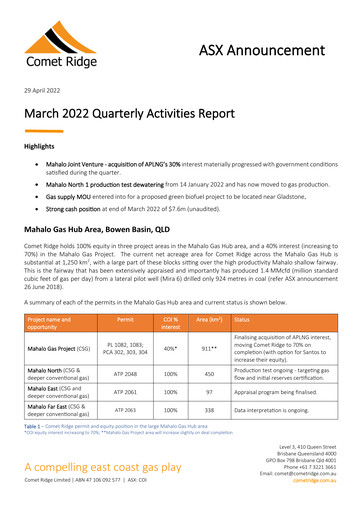 Thumbnail Comet Ridge Quarterly Report 2022-q3