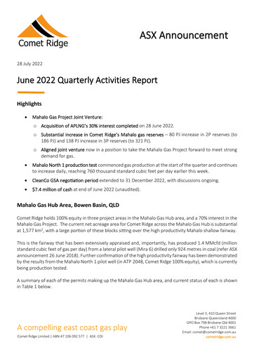 Thumbnail Comet Ridge Quarterly Report 2022-q4