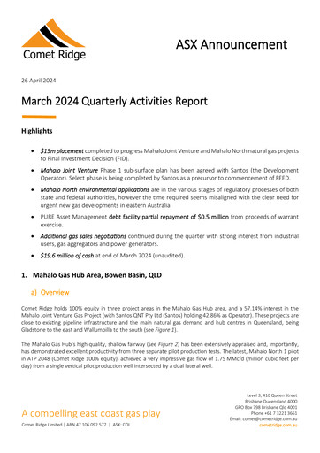 Thumbnail Comet Ridge Quarterly Report 2024-q3