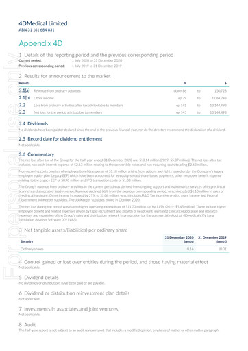 Miniature 4DMedical Limited Rapport semestriel 2020-h2