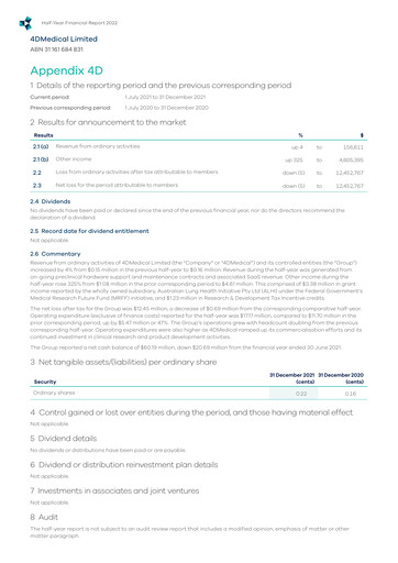 Miniature 4DMedical Limited Rapport semestriel 2021-h2