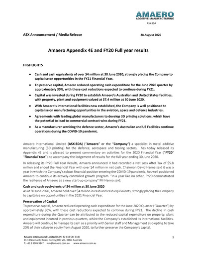 Thumbnail Amaero International Ltd Financial Statement 2020