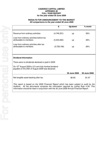 Miniature Cadence Capital Limited Rapport annuel 2009