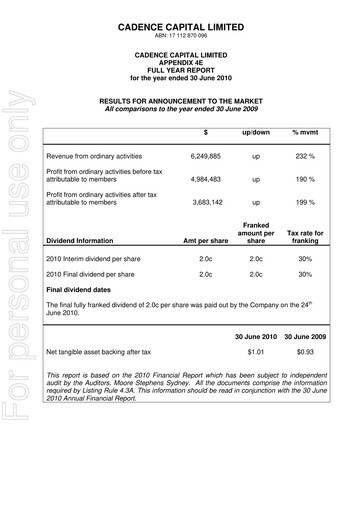 Miniature Cadence Capital Limited Rapport annuel 2010