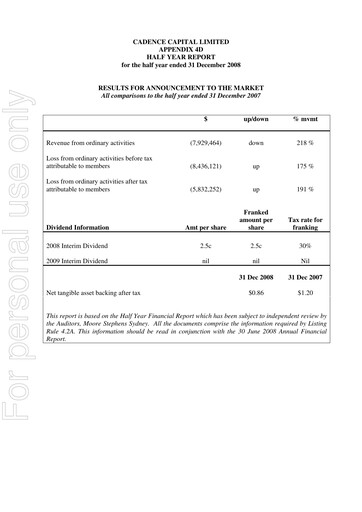 Miniature Cadence Capital Limited Rapport financier 2009-h1