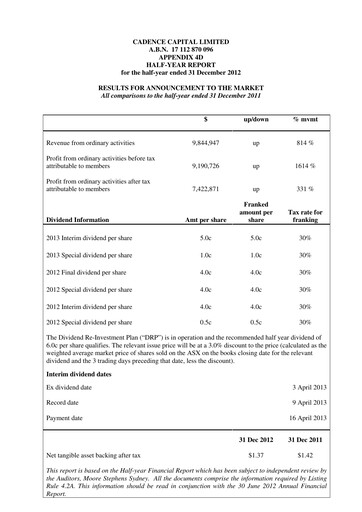 Miniature Cadence Capital Limited Rapport financier 2013-h1