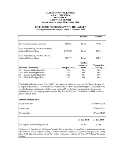 Miniature Cadence Capital Limited Rapport financier 2015-h1