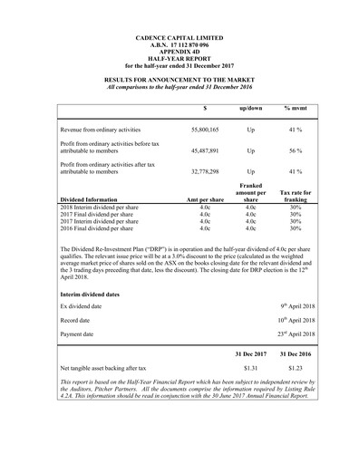 Miniature Cadence Capital Limited Rapport financier 2018-h1