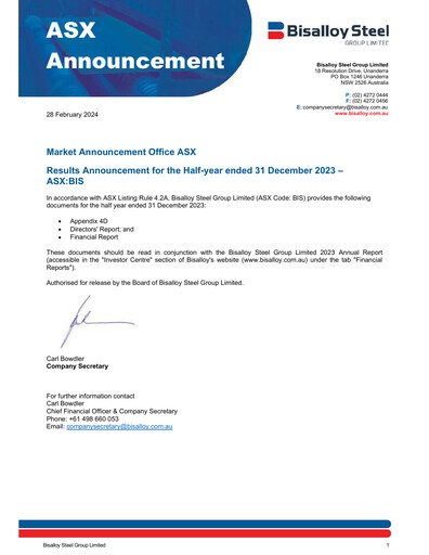 Thumbnail Bisalloy Steel Group Half-year Report 2024-h1