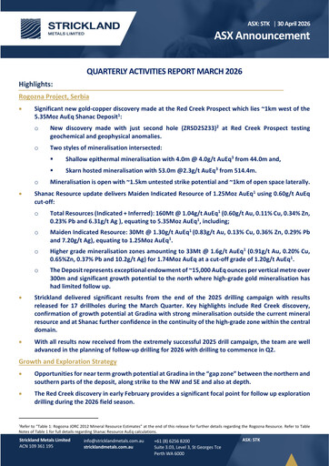 Thumbnail Strickland Metals Limited Quarterly Report 2026-q1