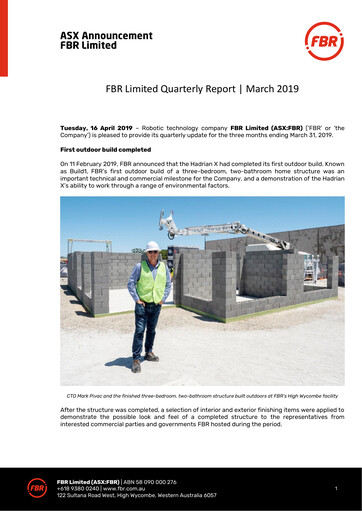 Thumbnail FBR Limited Quarterly Report 2019-q1