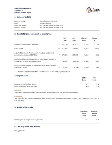 Thumbnail Aeris Resources Financial Report 2025