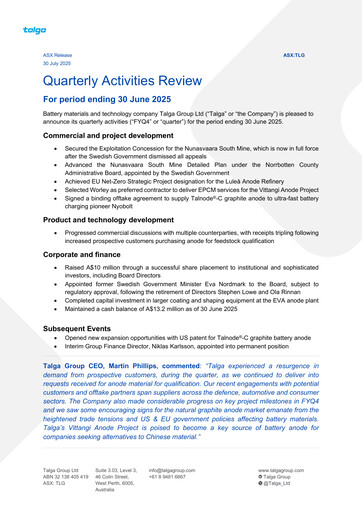 Miniature Talga Group Rapport trimestriel 2025-q4