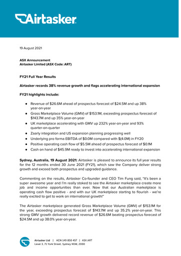 Miniature Airtasker Rapport financier 2021