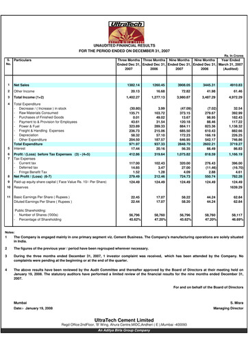 Thumbnail UltraTech Cement
 Quarterly Report 2007-q3