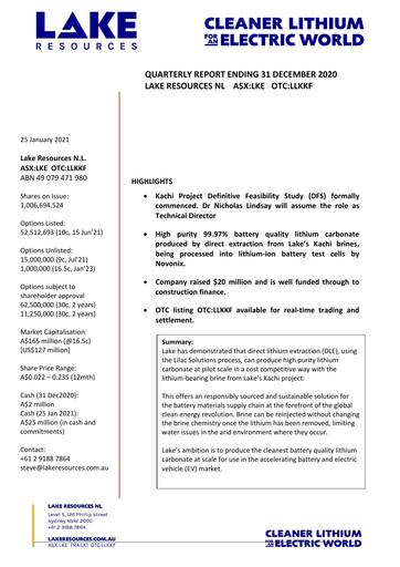 Vorschaubild Lake Resources NL Quartalsbericht 2020-q4