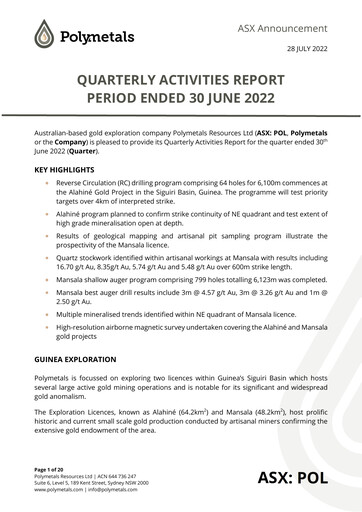 Thumbnail Polymetals Resources Quarterly Report 2022-q2