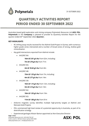 Thumbnail Polymetals Resources Quarterly Report 2022-q3