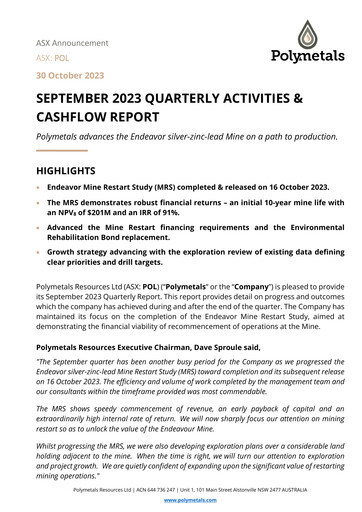 Thumbnail Polymetals Resources Quarterly Report 2023-q3