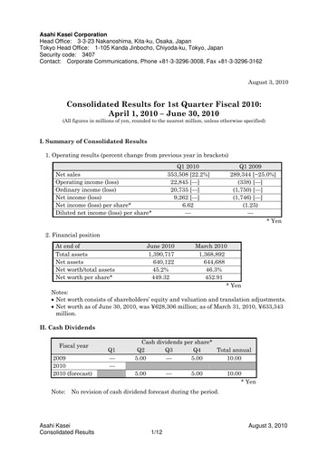 Thumbnail Asahi Kasei
 Quarterly Report 2010-q1