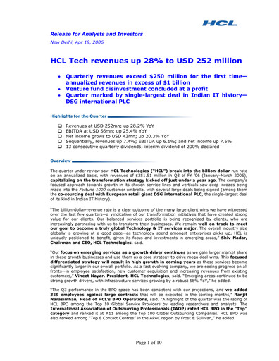 Thumbnail HCL Technologies
 Quarterly Report 2006-q3
