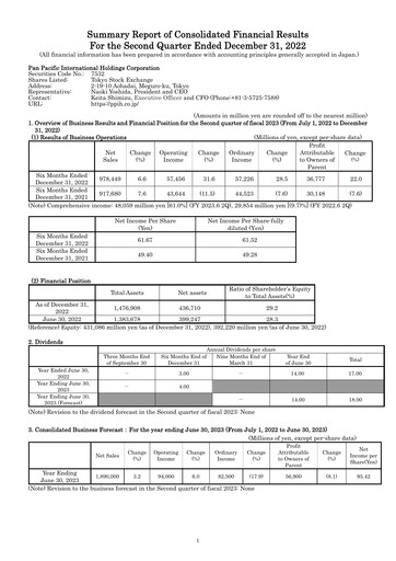 Miniature Pan Pacific International Holdings Rapport semestriel fy2023