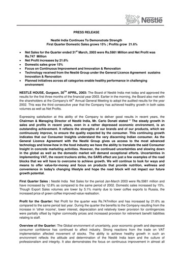 Miniature Nestlé India Rapport financier 2003-q1